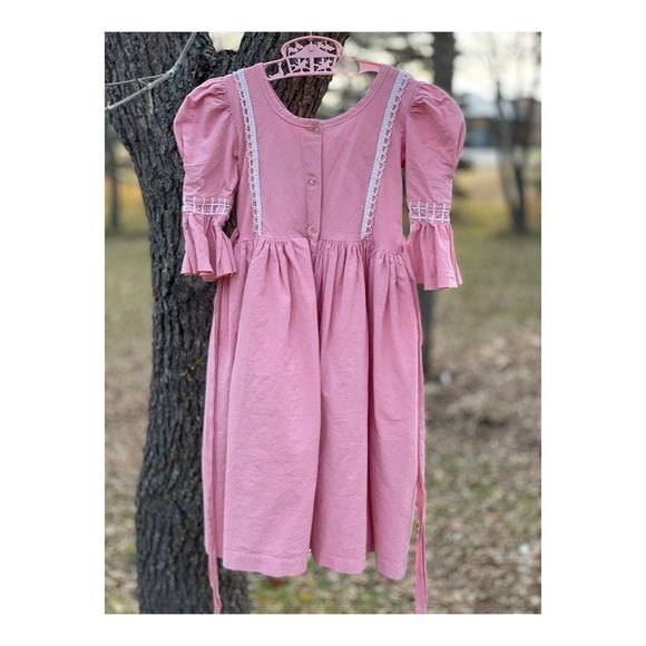 Vintage Medieval Style Maiden Dress Pink White Cotton Shirt Puff Sleeve Lace - Picture 6 of 9